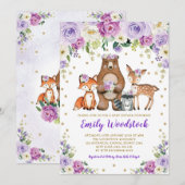 Lavendel Gold Floral Woodland Animals Baby shower Kaart (Voorkant / Achterkant)