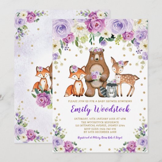 Lavendel Gold Floral Woodland Animals Baby shower Kaart (Voorkant / Achterkant)