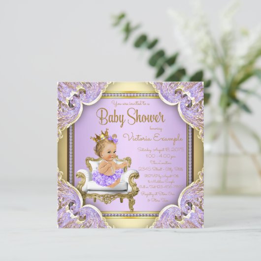 Lavendel Gold Princess Baby Shower Uitnodigingen (Staand voorkant)