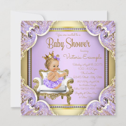 Lavendel Gold Princess Baby Shower Uitnodigingen (Voorkant)