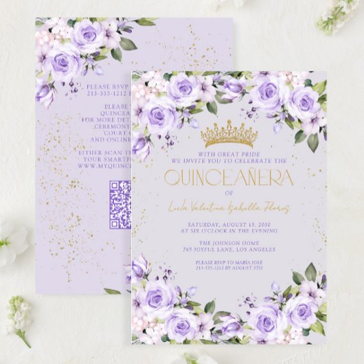 Lavendel Gold Quinceañera Mis Quince QR-code Kaart