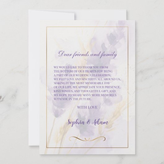 Lavendel Golden Waterverf Bloemen Dank u kaart (Achterkant)