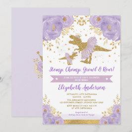 Lavendel Goud Bloemen Dinosaurus Meisje Baby showe Kaart