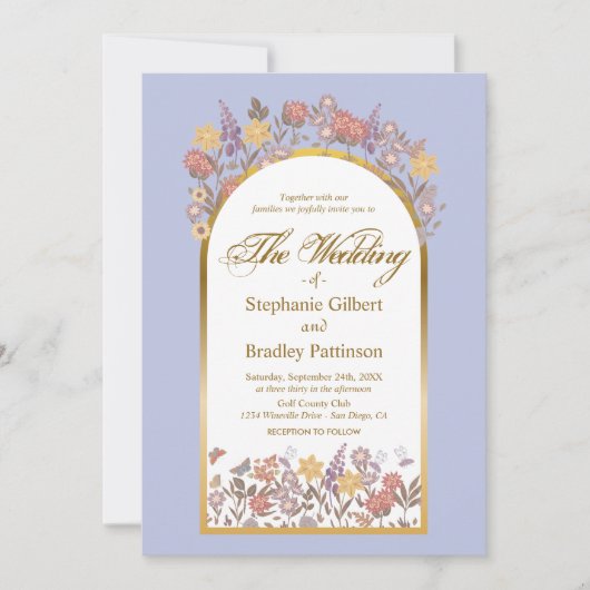 Lavendel Goud Botanische Bloemen Elegante Bruiloft Kaart (Voorkant)