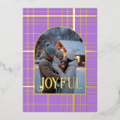 Lavendel & Goud Gingham Kerst Feest Foto Folie Feestdagenkaart (Voorkant)