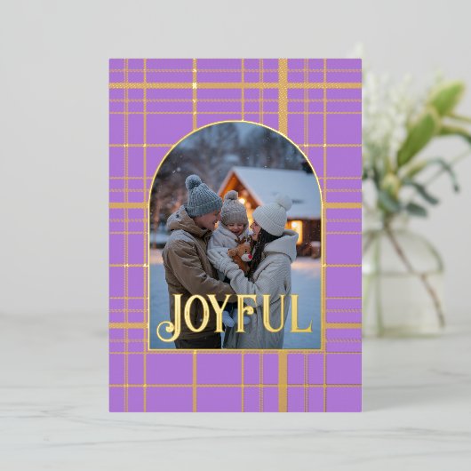 Lavendel & Goud Gingham Kerst Feest Foto Folie Feestdagenkaart (Staand Voorkant)