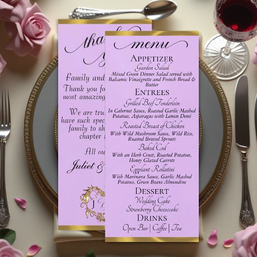 Lavendel/Goud - Menu met monogram en bedankje