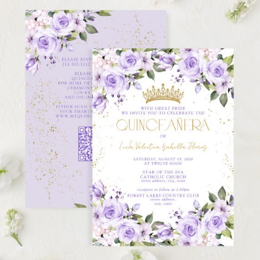 Lavendel Goud QR Quinceañera Mis Quince 15 Años Kaart
