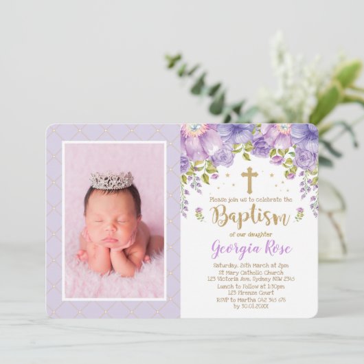 Lavendel Gouden Bloem / Meisje Doop Doop Doop Kaart (Staand voorkant)