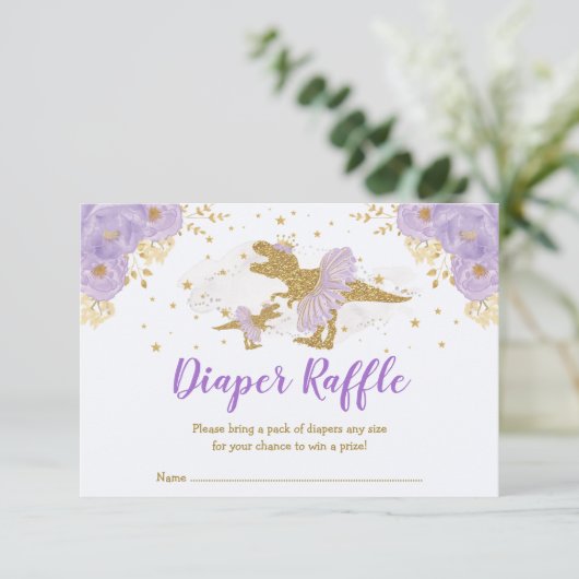 Lavendel Gouden Dinosaur Ballerina Luierraffel Informatiekaartje (Staand voorkant)