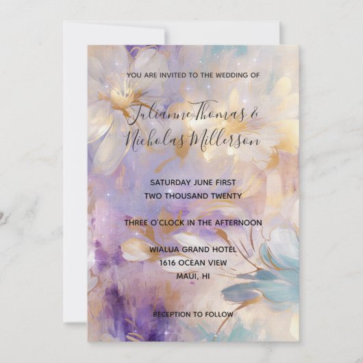 Lavendel Gouden Glam Bloemen Bruiloft Kaart (Voorkant)