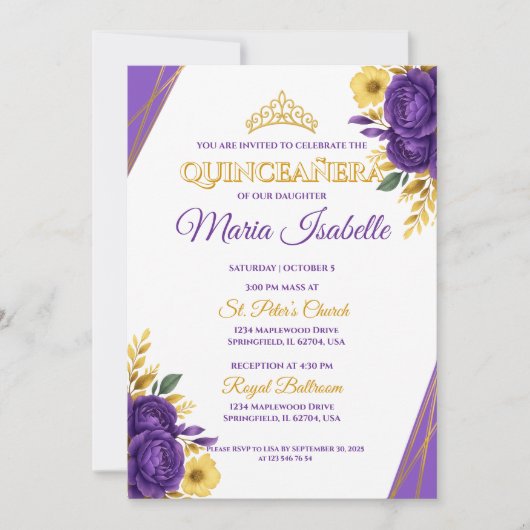 Lavendel & Gouden Quinceañera Uitnodiging (Voorkant)
