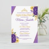 Lavendel & Gouden Quinceañera Uitnodiging (Staand voorkant)