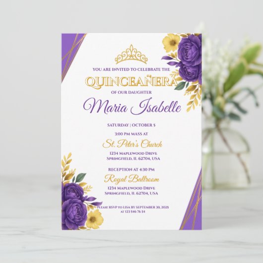 Lavendel & Gouden Quinceañera Uitnodiging (Staand voorkant)