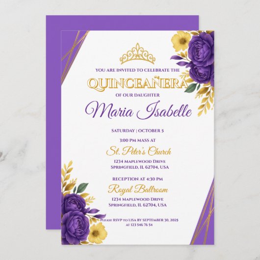 Lavendel & Gouden Quinceañera Uitnodiging (Voorkant / Achterkant)