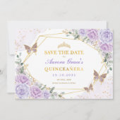 Lavendel Gouden Rozen Quinceanera Save the Date Aankondiging (Voorkant)