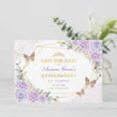 Lavendel Gouden Rozen Quinceanera Save the Date Aankondiging (Staand voorkant)
