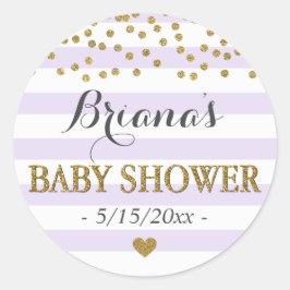Lavendel Gouden Streep Confetti Baby Meisje Douche Ronde Sticker