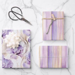Lavendel Gouden Strepen Iris Bloemen Bruiloft Fees Inpakpapier Vel