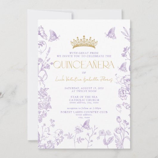 Lavendel Gouden Vlinder QR Quinceañera Quince Años Kaart (Voorkant)