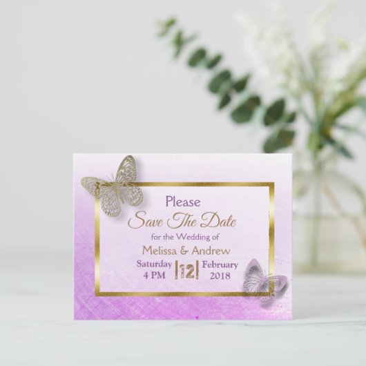 Lavendel & Gouden Vlinder Save the Date Briefkaart (Staand voorkant)
