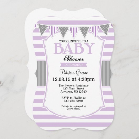 Lavendel Grey Stripes Baby shower Uitnodiging (Voorkant / Achterkant)