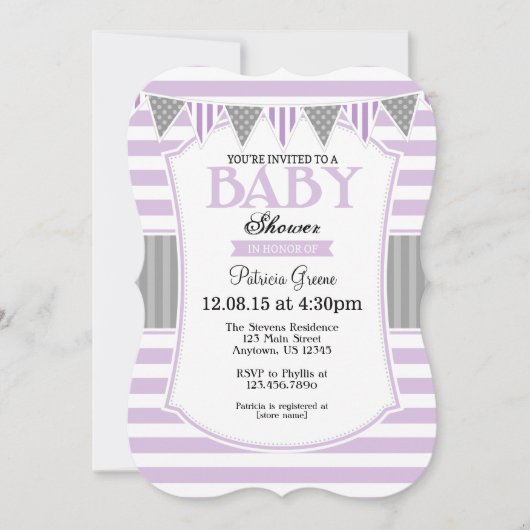 Lavendel Grey Stripes Baby shower Uitnodiging (Voorkant)