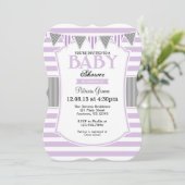 Lavendel Grey Stripes Baby shower Uitnodiging (Staand voorkant)