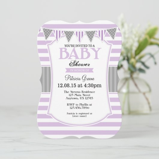 Lavendel Grey Stripes Baby shower Uitnodiging (Staand voorkant)