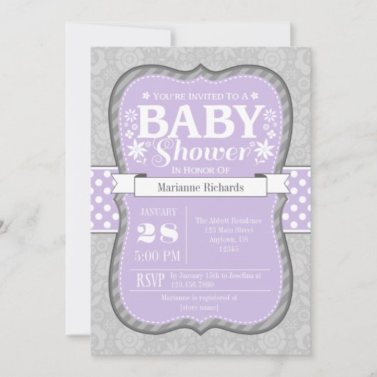 Lavendel Grijs Bloemen Baby shower Uitnodiging (Voorkant)