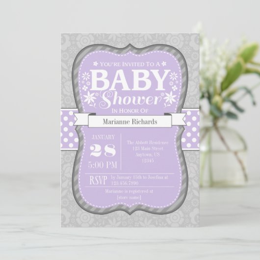 Lavendel Grijs Bloemen Baby shower Uitnodiging (Staand voorkant)