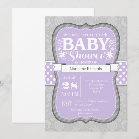 Lavendel Grijs Bloemen Baby shower Uitnodiging (Voorkant / Achterkant)