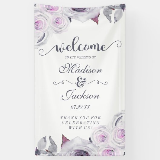 Lavendel & Grijs Bloemen Krans Huwelijk Welkom Spandoek (Verticaal)