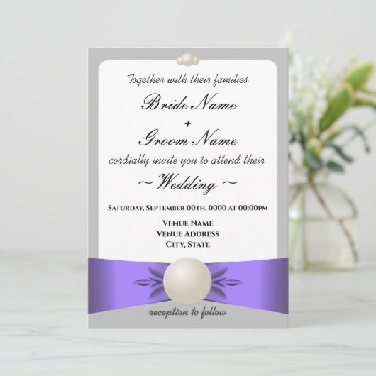 Lavendel & Grijs Parel Lint Bruiloft & Receptie Kaart (Staand voorkant)