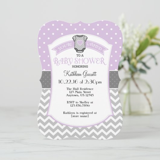 Lavendel Grijs Polka Dot Chevron Baby shower Uitno Kaart (Staand voorkant)