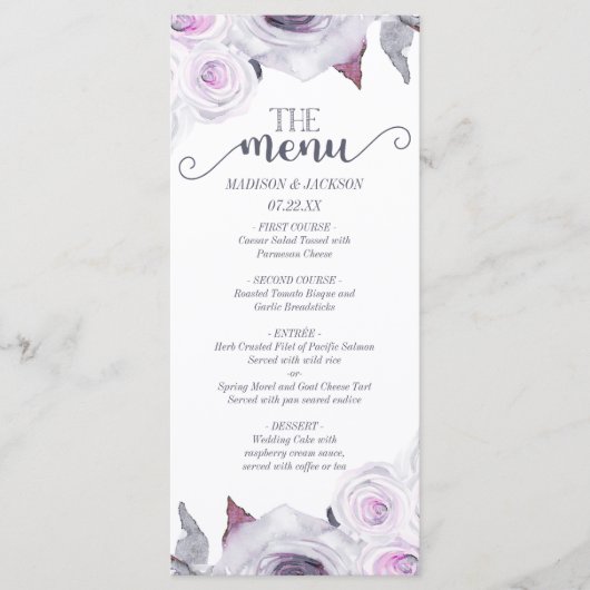 Lavendel & Grijs Roos Bloemenkrans Trouwmenu Menu (Voorkant)