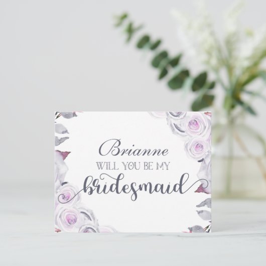 Lavendel & Grijze Bloemen Wil jij mijn bruidsmeisj Kaart (Staand voorkant)