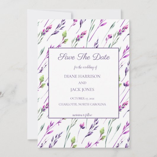 Lavendel & Groen Aquarel Save-the-Date Bruiloft Kaart (Voorkant)