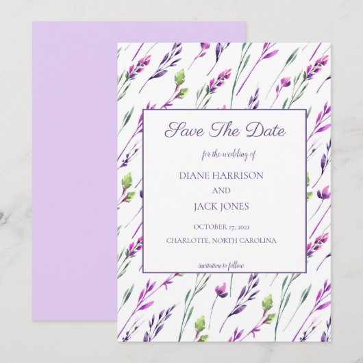 Lavendel & Groen Aquarel Save-the-Date Huwelijk Kaart (Voorkant / Achterkant)