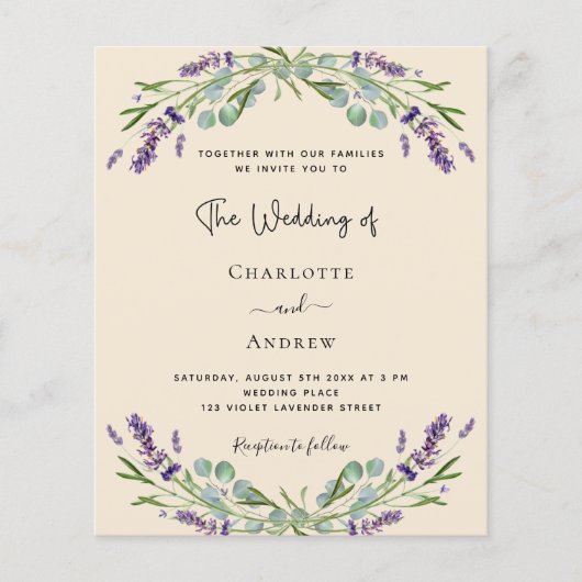 Lavendel groen beige budget bruiloft uitnodiging (Voorkant)