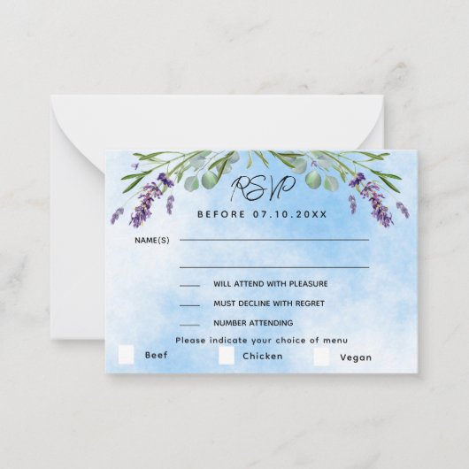 Lavendel groen blauw menu bruiloft reactie RSVP (Voorkant)