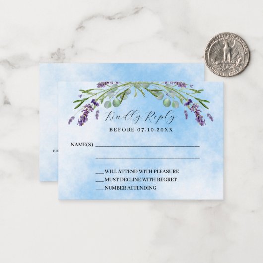 Lavendel groen blauw QR bruiloft reactie RSVP Notitiekaartje (Voorkant / Achterkant in situ)
