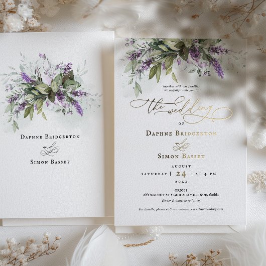 Lavendel groen bruiloft gouden folie accenten folie uitnodiging