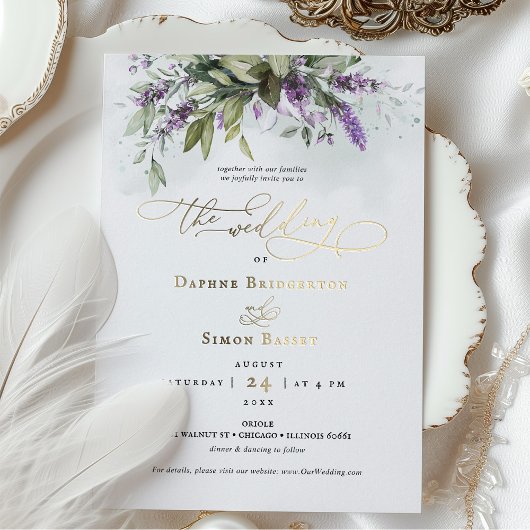 Lavendel groen bruiloft gouden folie accenten folie uitnodiging