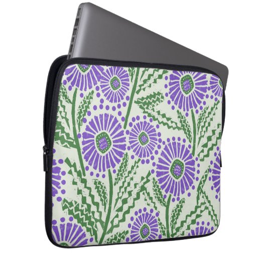 Lavendel groen en wit blokdruk bloem laptop sleeve (Voorkant Rechts)