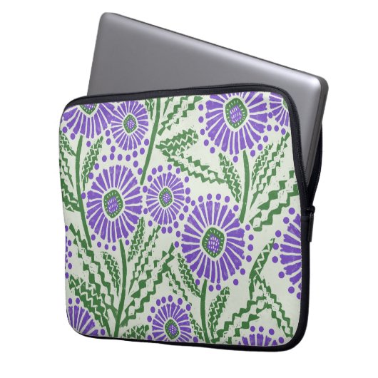 Lavendel groen en wit blokdruk bloem laptop sleeve (Voorkant Links)