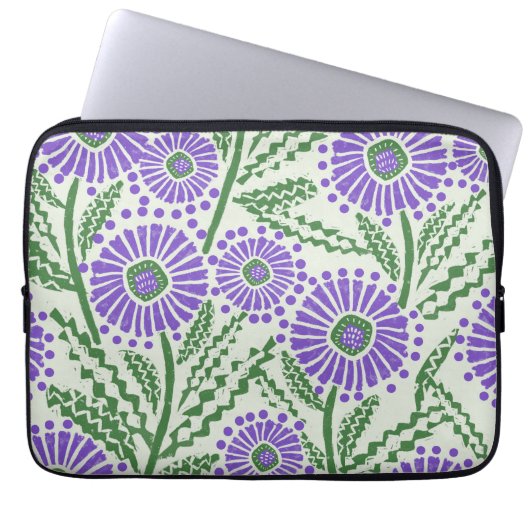Lavendel groen en wit blokdruk bloem laptop sleeve (Voorkant)