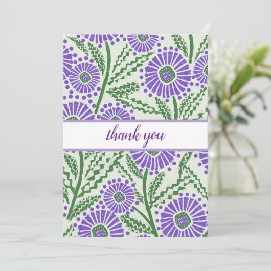 Lavendel, groen en wit blokdruk geïnspireerd bedankkaart (Staand voorkant)