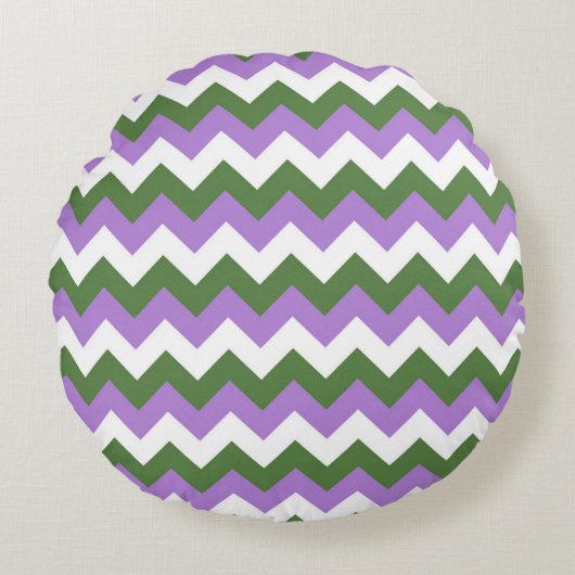 Lavendel, Groen en Witte Chevron Zigzag Rond Kussen (Voorkant)