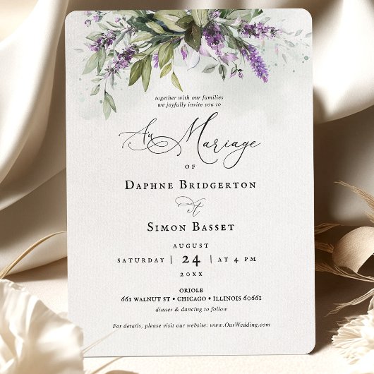 Lavendel groen Frans Script bruiloft uitnodiging